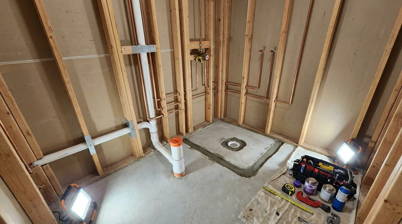 Bathroom rough-in plumbing during remodel by Johns Plumbing LLC in Morris Plains