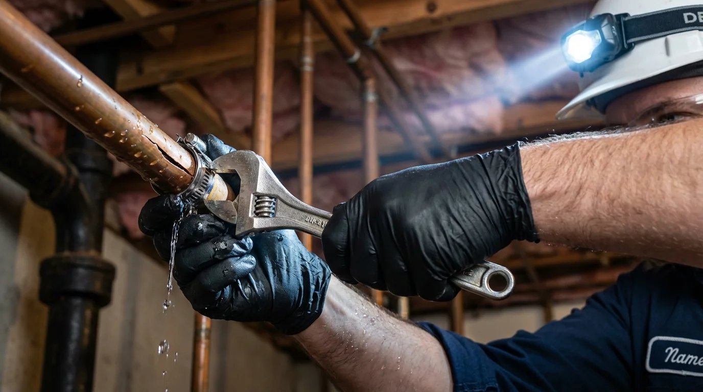 Emergency pipe clamp repair being performed by a Johns Plumbing LLC plumber in Morris Plains