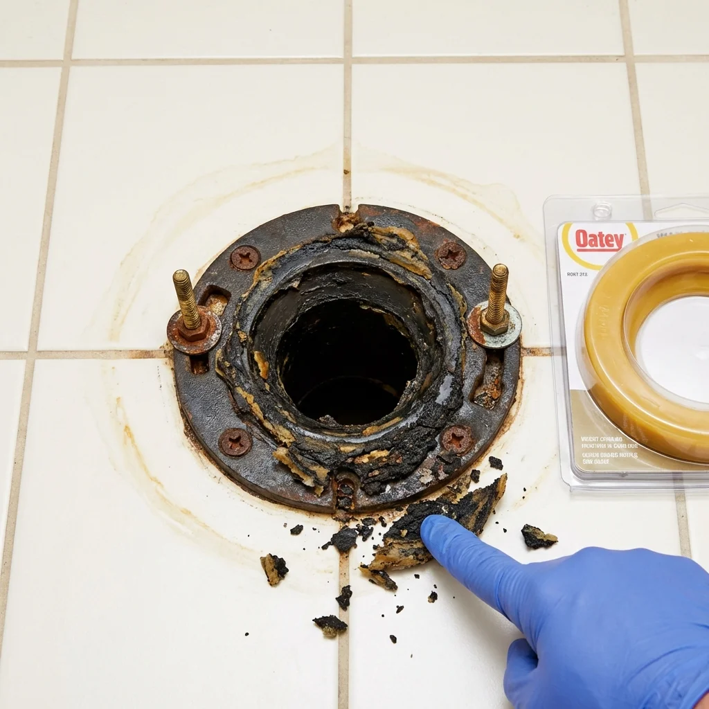 Failed wax ring showing water seepage at the base of a toilet in a Morris Plains, NJ home